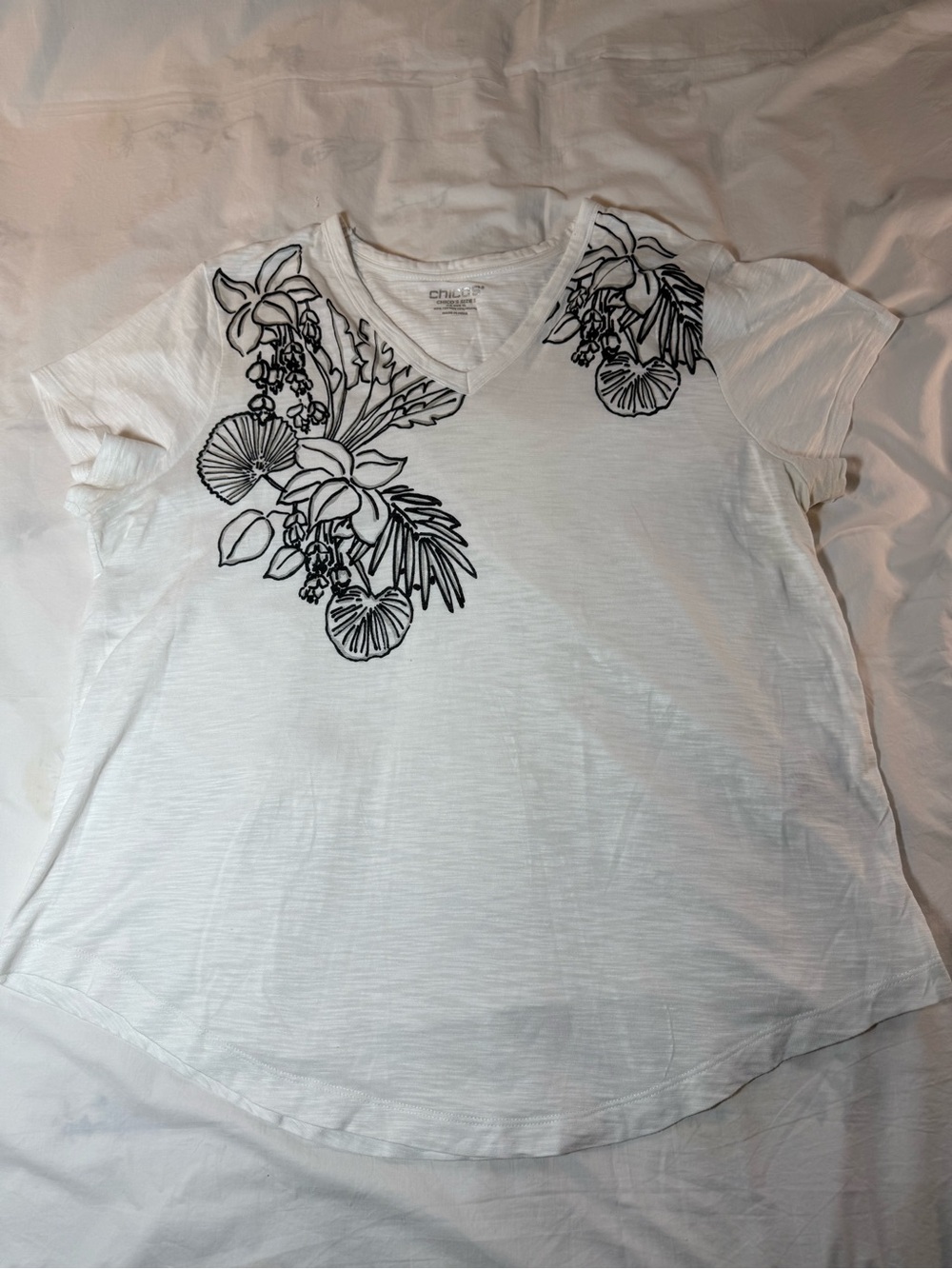 Chico's White V-Neck Tee with Black Floral Outline